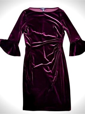 Chaps Ralph Lauren Purple Velvet Ruched Bell Sleeve Sheath Dress-Small-Glam Date